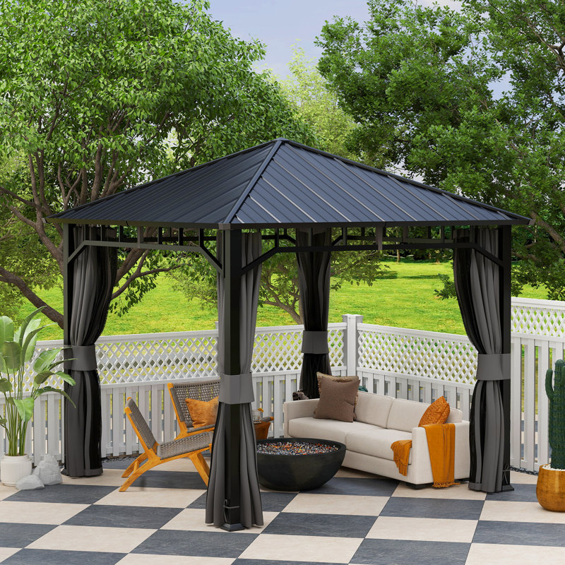 Outsunny 3 x 3(m) Hardtop Gazebo with Metal Roof, Netting and Curtains, Black