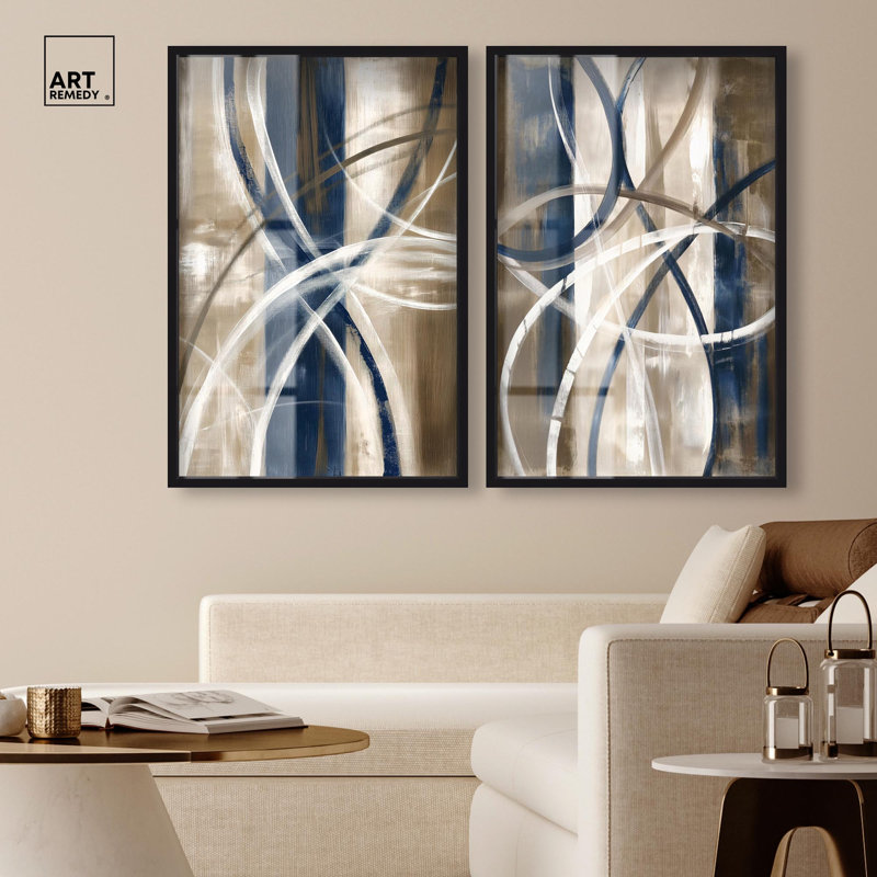 Ensemble d'œuvres d'art mural moderne « Abstract Blue Circles » avec cadre en relief, par Art Remedy, cadre noir, 10 x 15
