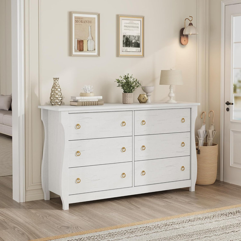 6-Drawer White Wooden Dresser, 47-Inch Storage Chest for Bedroom, Living Room, or Entryway, White