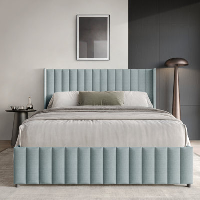 QUEEN SIZE WINGBACK PLATFORM LIFT UP STORAGE BED IN LIGHT BLUE LINEN