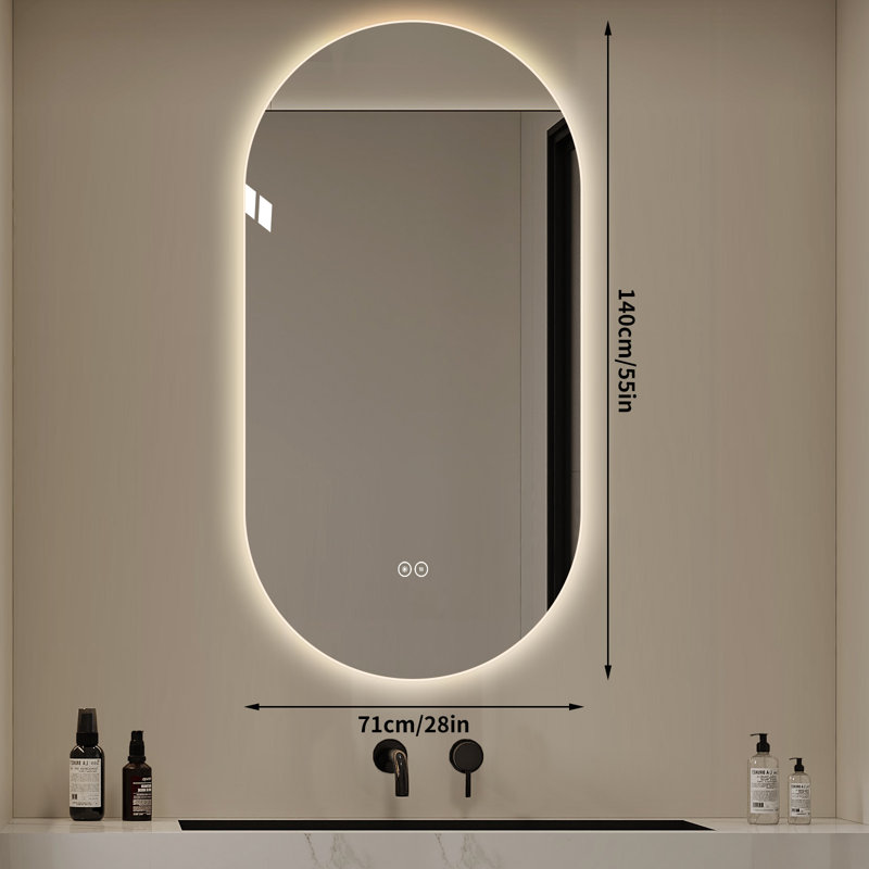 55" x 30" Frameless Oval LED Backlit Bathroom Mirror, 3 Color Dimmable Light, Anti-Fog, Touch Control, Explosion-Proof, Wall Mounted Vanity Mirror