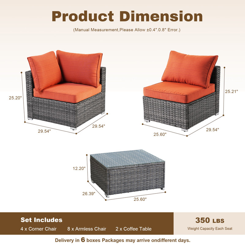 Riyonna 14-Piece Outdoor Wicker Modular Sectional Sofa Set with Tempered Glass Coffee Table and Cushions,Patio Conversation Set For Poolside,Terraces and Backyard