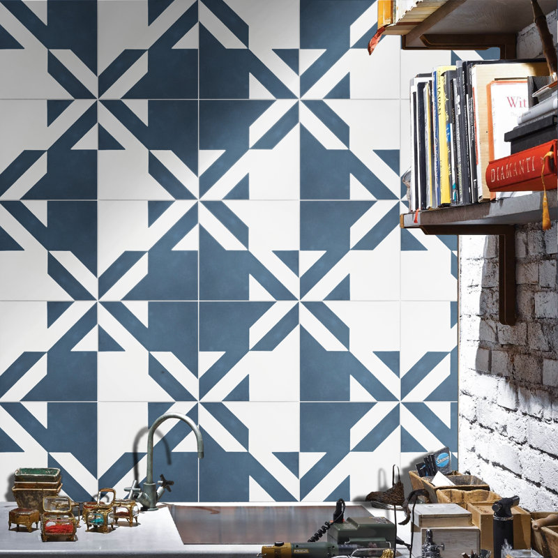 Tantan 8" x 8" Cement Patterned Wall & Floor Tile, Beige/White