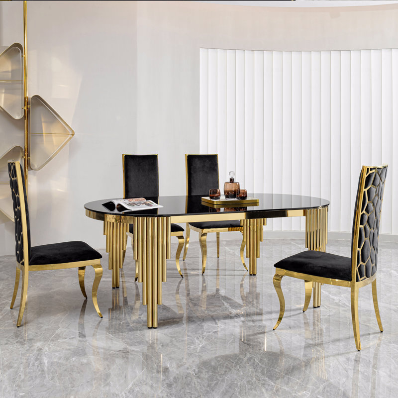 Table de salle à manger ovale en verre noir avec base en acier inoxydable doré, H 29,53 po x l 70,08 po x P 34,65 po
