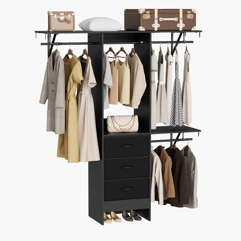 Système de placard réglable en bois jusqu'à l 59 po avec rangement et tiroirs en tissu, Noir