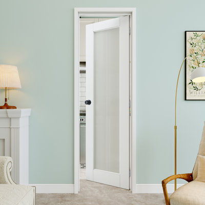 24" x 96" 1-Lite Frosted Glass Interior Prehung Door with Round Knob and Silver Hinges, Privacy Glass Door Slab, Paintable & Waterproof, Suit for Laundry, Closet Doors, Room Doors, Right Hand