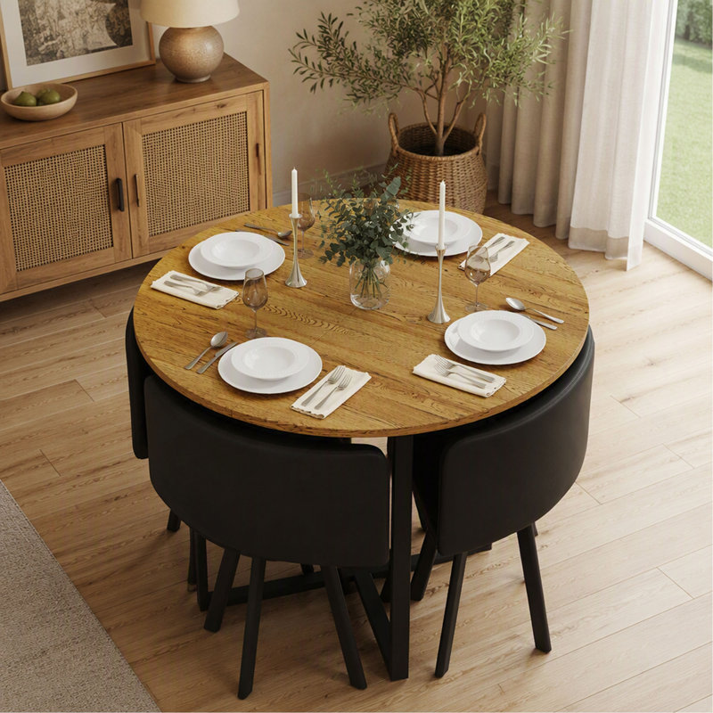 Ensemble de table à manger ronde rustique et 4 chaises en similicuir, ensemble de cuisine 5 pièces pour petits espaces, appartement et coin repas, fini grain de bois, chaises noires