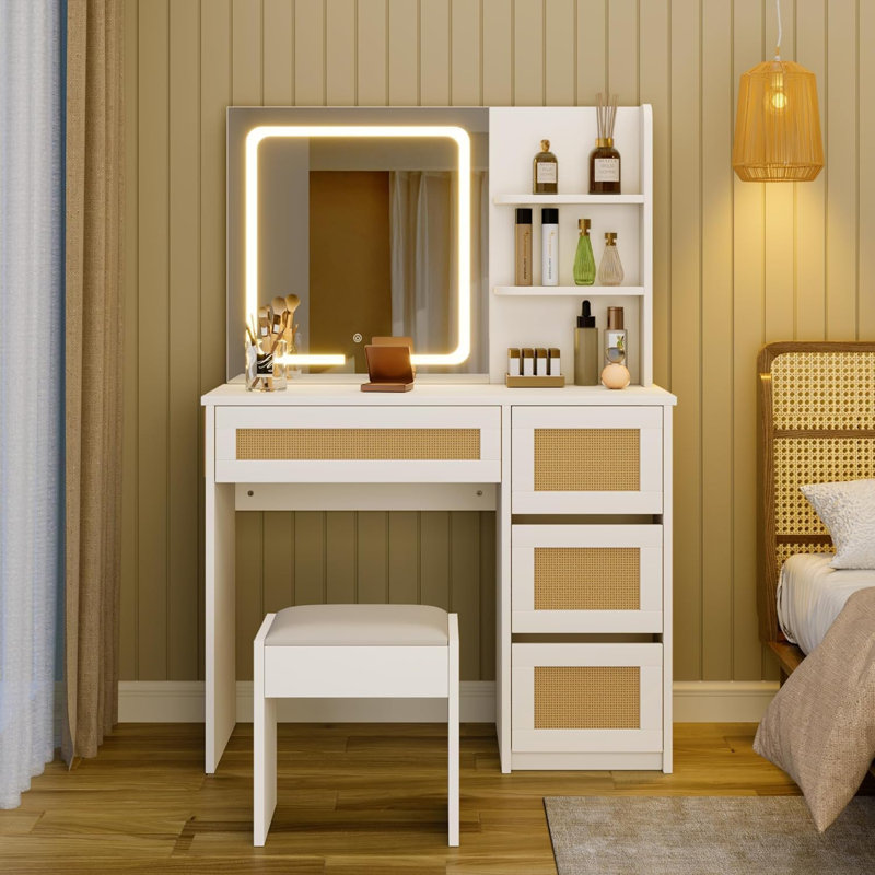 Rattan Vanity Desk, Makeup Vanity Table With Adjustable LED Light And Mirror, Large Storage Space With 4 Drawers And 2 Tiers Of Open Shelves For Bedroom In White