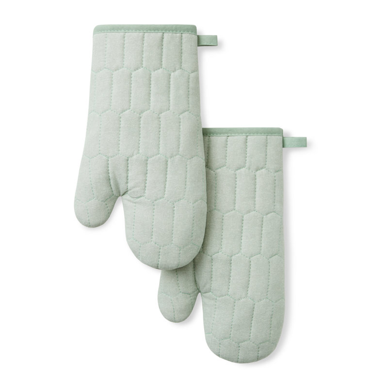 MARTHA STEWART Honeycomb Quilted Chambray Oven Mitt 2-Pack Set  7"x13", Mint Green