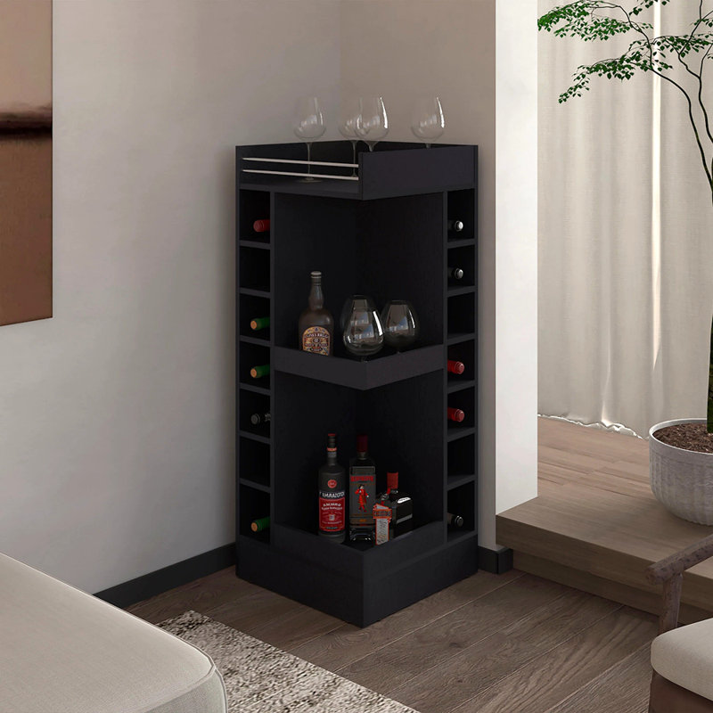 Corner Bar Cabinet With Wine Rack And Open Shelf, Black