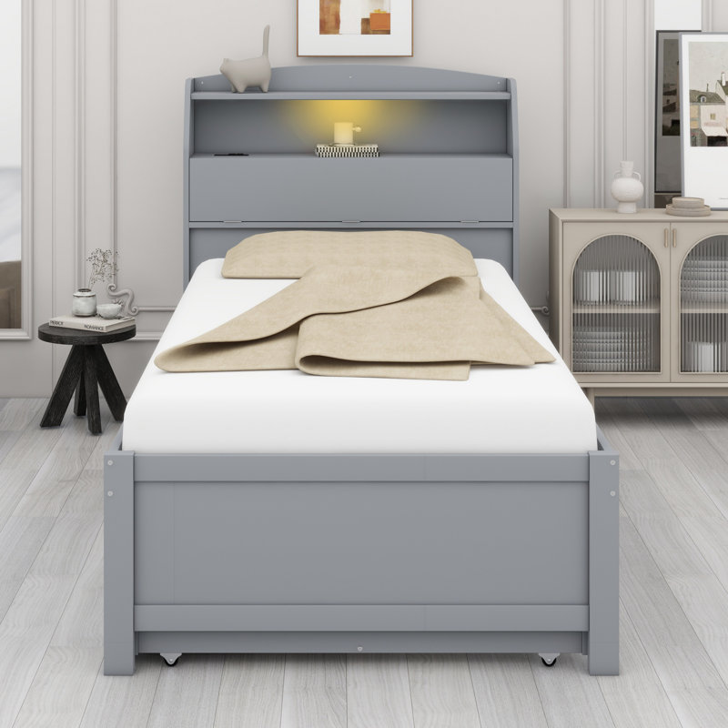 Lit plateforme en bois avec lit gigogne et tête de lit à DEL avec tiroirs, Gris, Lit simple