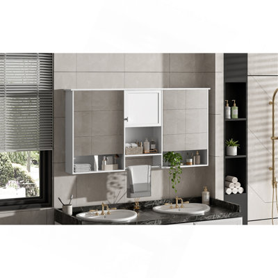 55 inch Wall-Mount 3-in-1 Mirror Cabinet with Adjustable Shelf, Soft-Closing Hinges, High-Quality MDF, for Bathroom Vanity, Living Room, Bedroom Storage Organizer