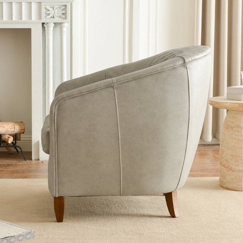 Fauteuil demi-tonneau rembourré en cuir véritable de 29,1 po de largeur, Blanc brume