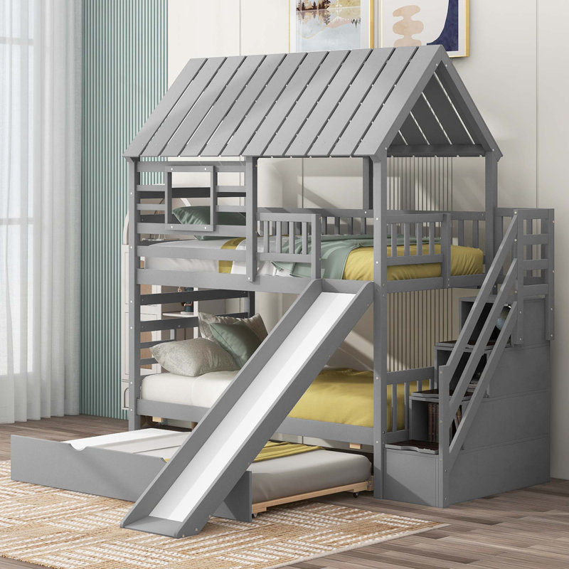 Lit superposé House avec lit gigogne et glissade, escalier de rangement, toit et fenêtre, Gris