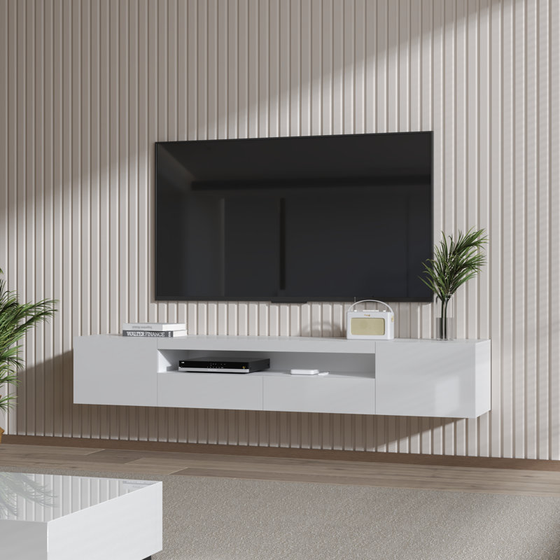 Modern Floating LED TV Stand Up to 80" TVs, High Gloss Wall-Mounted Media Console with Storage for Living Room, White
