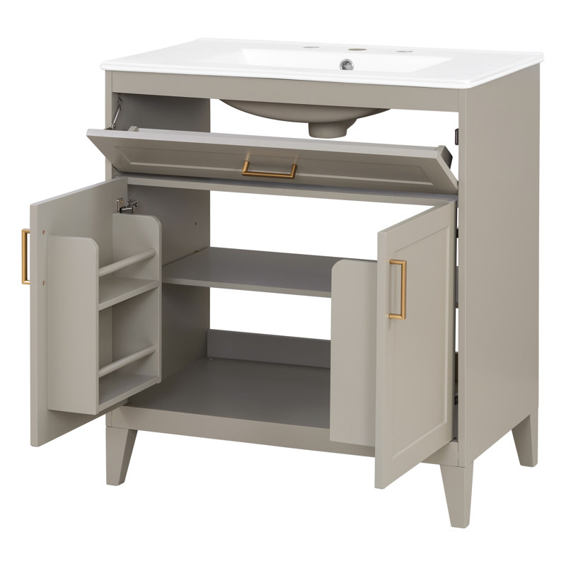 Meuble-lavabo minimaliste moderne 30 po avec lavabo en céramique, armoire en bois massif avec porte et 1 tiroir basculant et tablette réglable (beige)