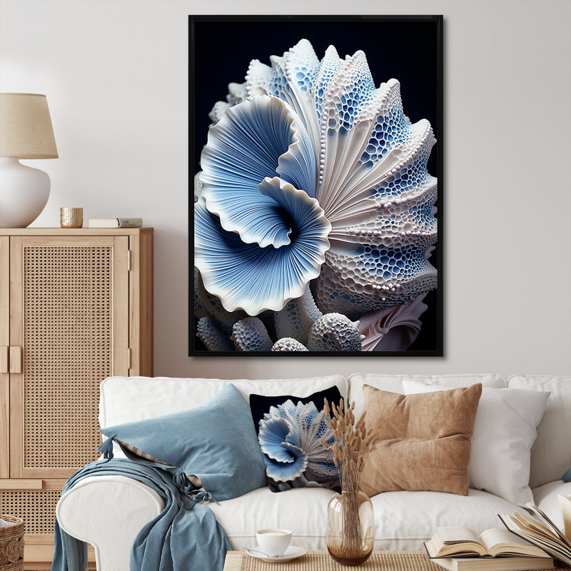 Craita, coquillage bleu, symphonie - coquillage, art mural, H 20 po x l 12 po x P 1 po, Cadre flottant noir