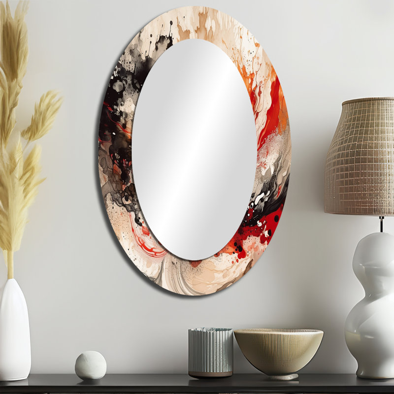 Agate rouge rouge et noire II - grand miroir mural ovale sur métal, 36 po x 24 po
