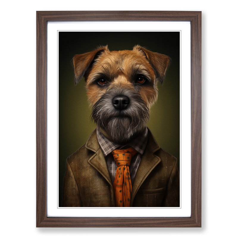 Border Terrier In A Suit Painting - Single Picture Frame Print on Wood, 64cm H x 46cm W x 2cm D, Walnut Framed