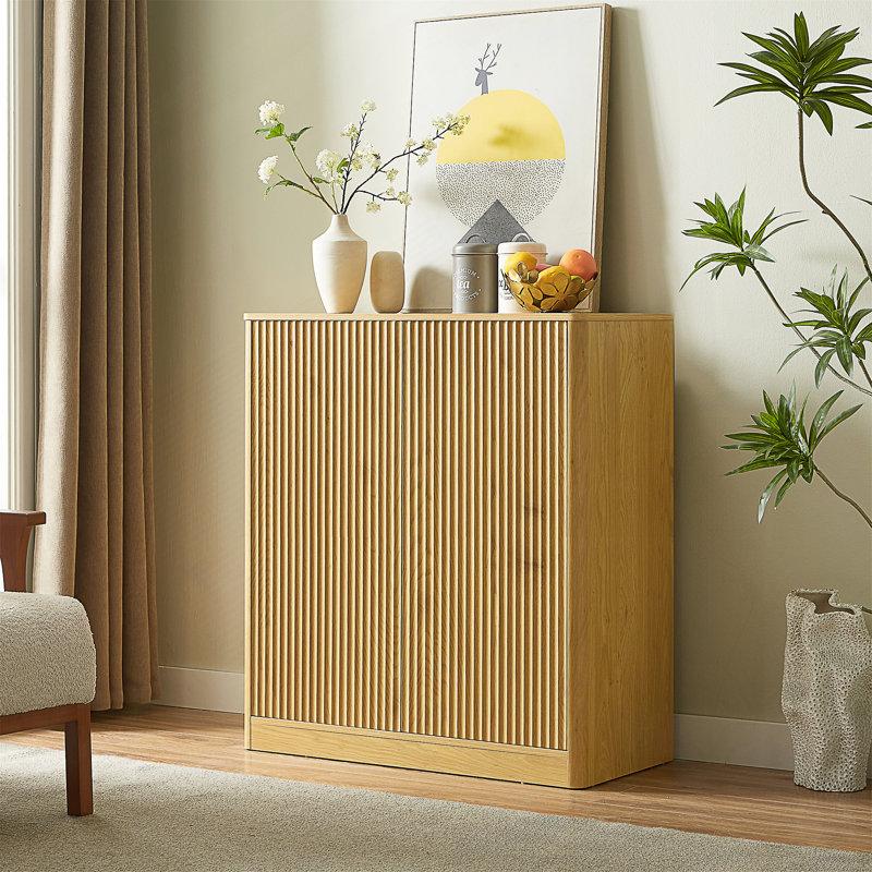 Modern Wavy Sideboard Storage Cabinet - Curved, Natural Wood Look - 2 Door - 31.5" Kitchen/Living Room Console | Gift Idea