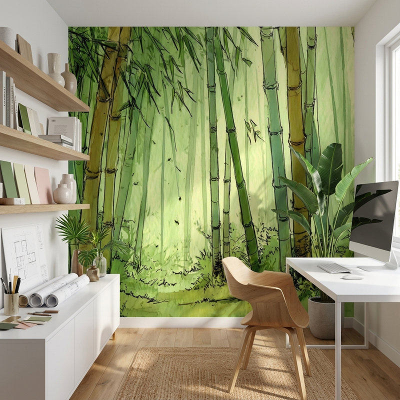 Papier peint forêt de bambou Shades Of Green, 100 po x 96 po, Peler et coller