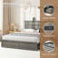 Élégante base de lit de rangement grand format avec éclairage DEL et 4 tiroirs - Base en lattes de métal gris rustique, aucun sommier nécessaire-1215879688