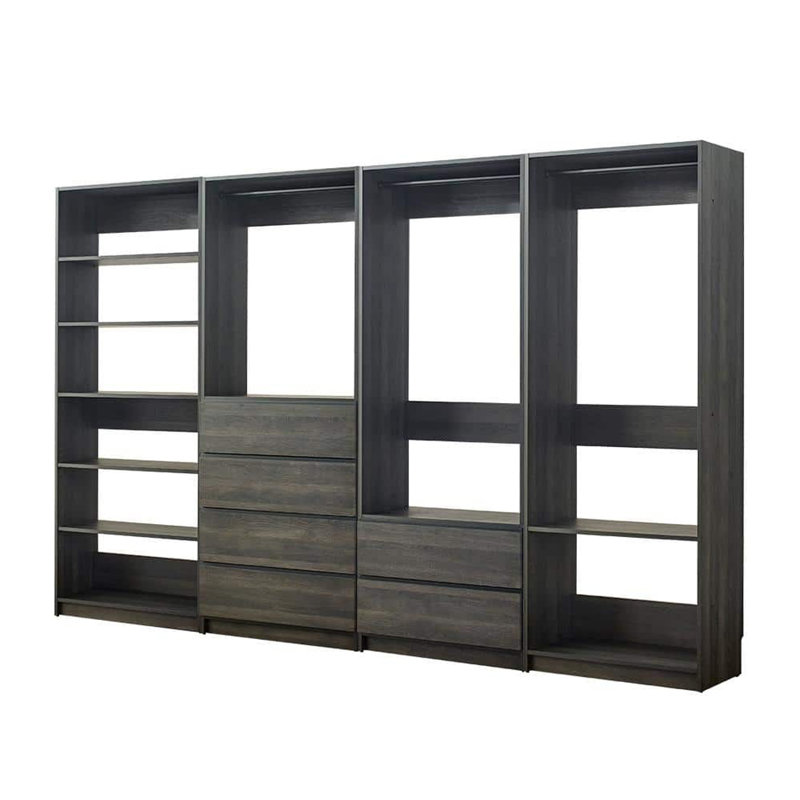 Système d'organisation modulaire Dee, 10 tablettes, 3 tringles, finition en bois gris