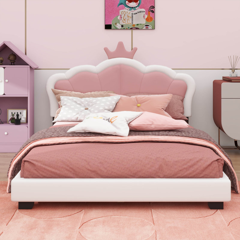 Lit tapissier Princess avec tête de lit élégante, Double, Blanc / rose