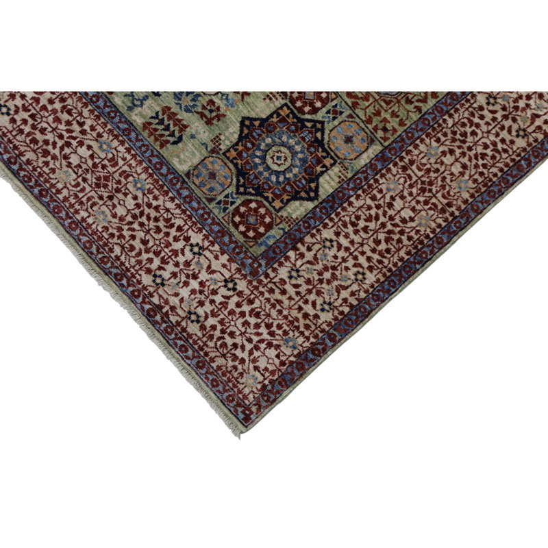 Hand Knotted Wool Area Rug in Sea Green And Beige, Rectangle 4'11" x 7'