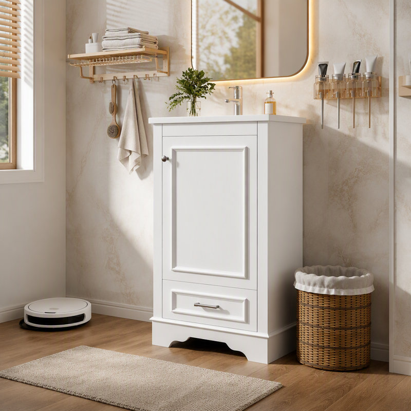 Ensemble de meuble-lavabo simple 20 po avec lavabo en céramique, un tiroir, un meuble-lavabo simple autoportant avec porte à fermeture douce, tablette réglable, style moderne, blanc