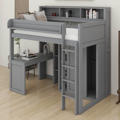 Lit mezzanine simple avec garde-robe, bureau et tablettes de rangement multiples, structure de lit mezzanine en bois massif avec bibliothèque, pour enfants, adolescents, adultes