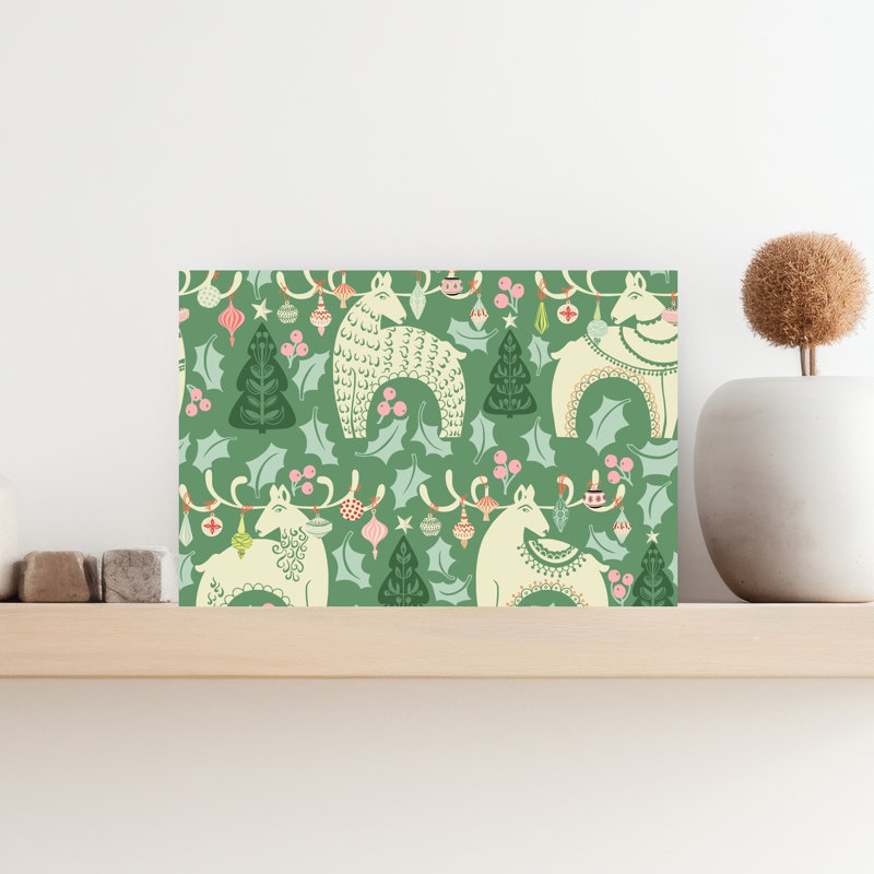 Festive Folk Reindeer Pattern Abstract Christmas Tree Deer Winter Landscape Wall Art Print 1 Piece Wrapped Canvas Wall Art