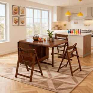 Retro Style Folding Dining Table With Wheels & Storage, 1.3M & 1.5M Walnut, 4-6 Seater Movable Kitchen Table For Small Spaces, Flats, Living Rooms Fully Assembled, No Assembly Required.( Table+4 Chairs)