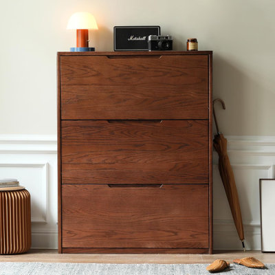 7.8"D Slim Solid Oak Assembled Shoe Cabinet with 3 Flip Drawers