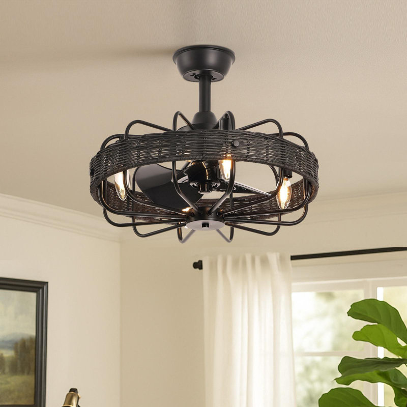 18" Rattan Caged Ceiling Fan with Light Kit and Remote, Black