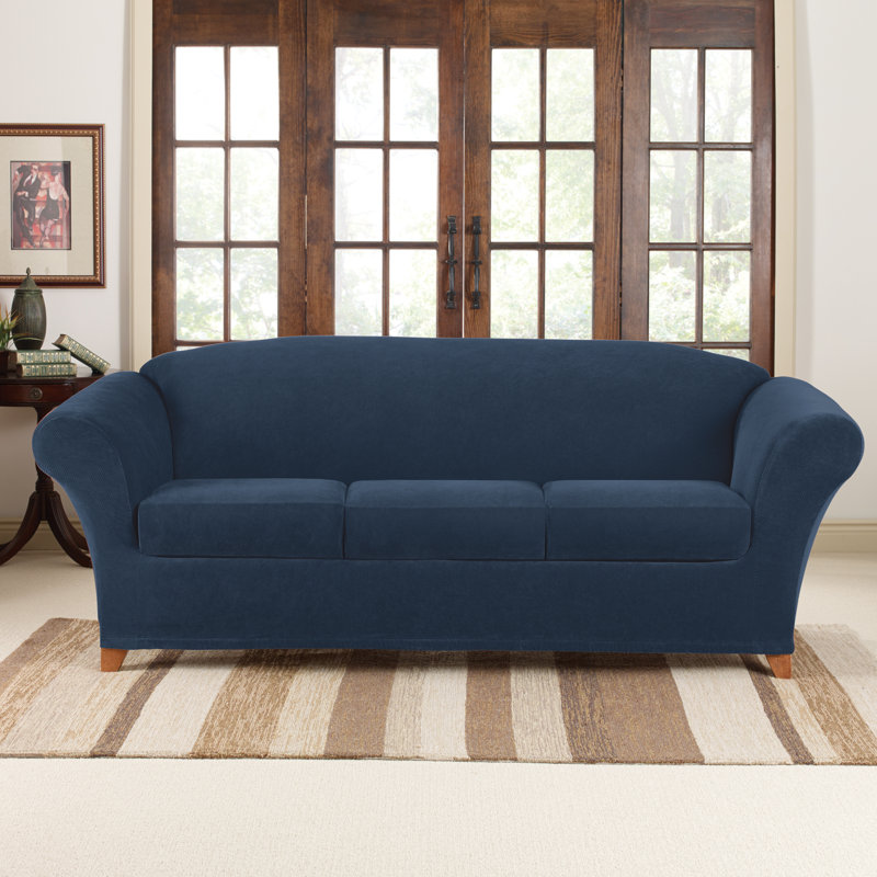 Navy Stretch Pique 3-Seat Sofa Slipcover with Zippered Cushions