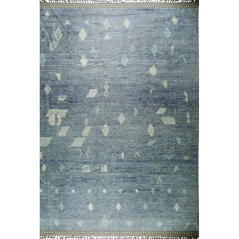 Tapis bleu en laine noué à la main de style contemporain bleu tissé à la main, élégant et durable pour rehausser le décor de votre salon, chambre à coucher, bureau ou maison