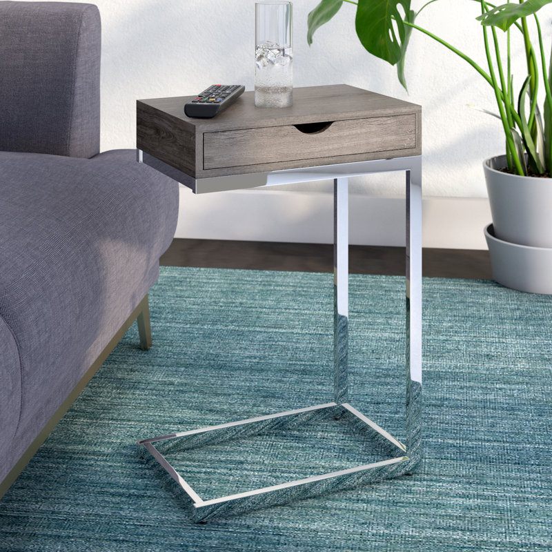 Accent Table C-shaped, End, Side, Snack, Storage Drawer, Living Room, Bedroom, Metal, Dark Taupe, Chrome