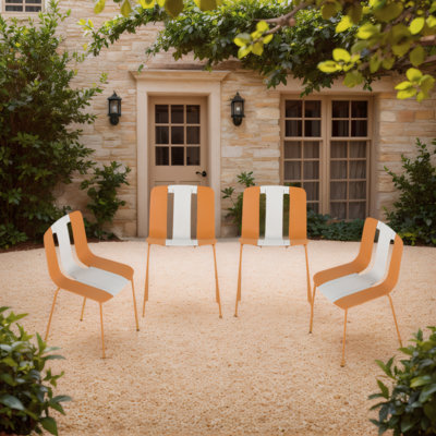 Modern Striped Chairs 4-Pack - Color Block PP Plastic Seats & Metal Legs, Indoor/Outdoor for Living Room, Cafe, Balcony (Table not included)