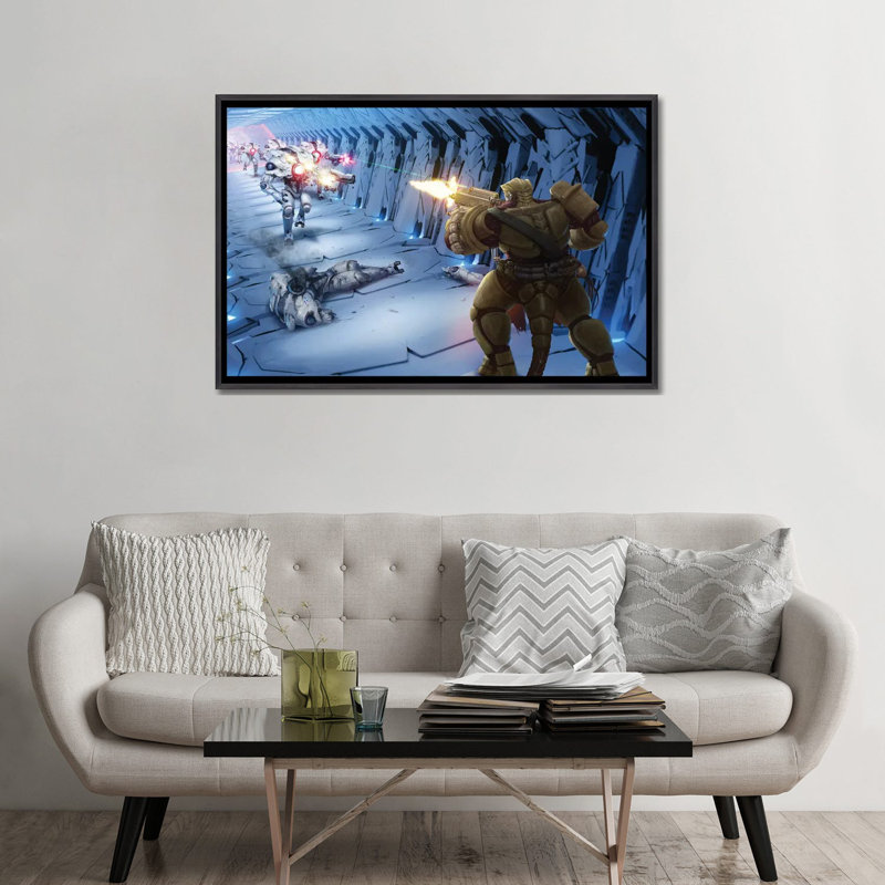 «Obozaya Gunning Down Robots», reproduction d'art sur toile encadrée, H 32 po x l 48 po, Noir patiné