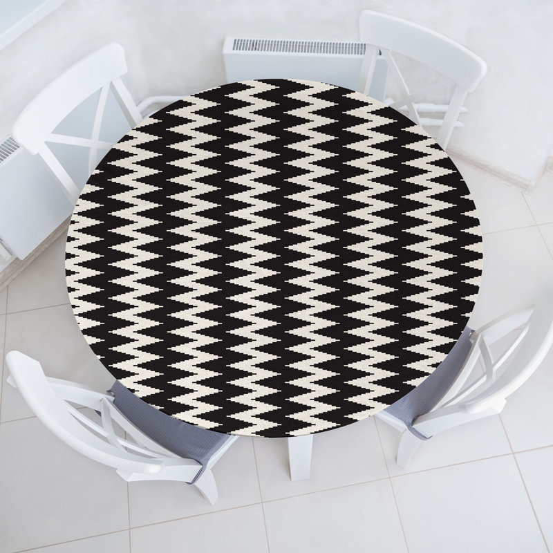 Ebern Designs Abstract Fitted Round Tablecloth Diameter Dark Grey Eggshell