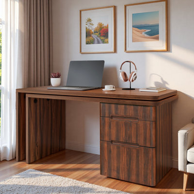 Modern L-shaped Desk With 3 Drawers And 360° Wood Rotating Desk
