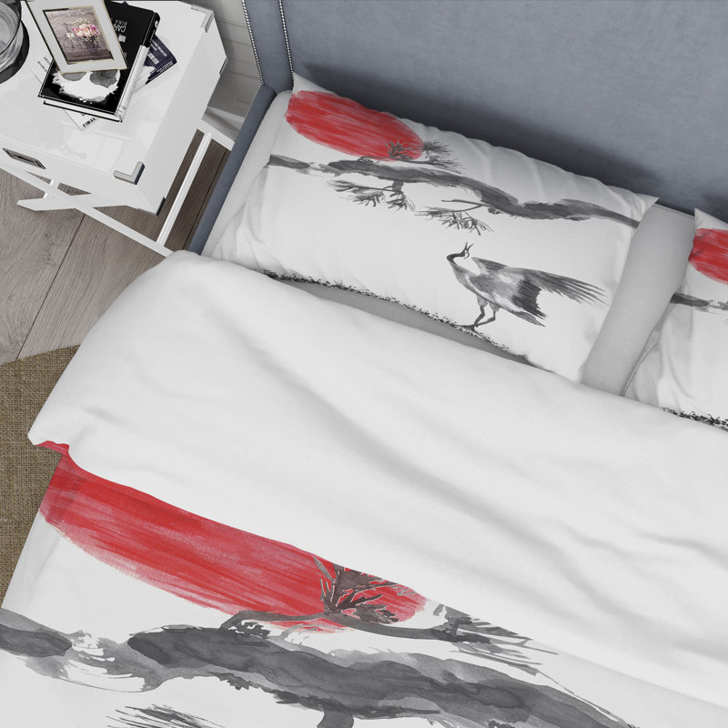 Pin chinois avec grue japonaise - ensemble de housse de couette traditionnel - microfibre de polyester