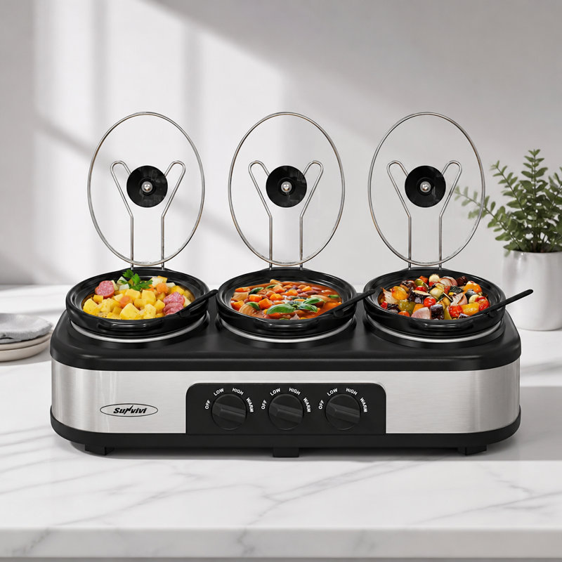 Triple Slow Cooker and Food Warmer with 3 Ceramic Pots, 3 Temperature Settings, Glass Lids and Spoons