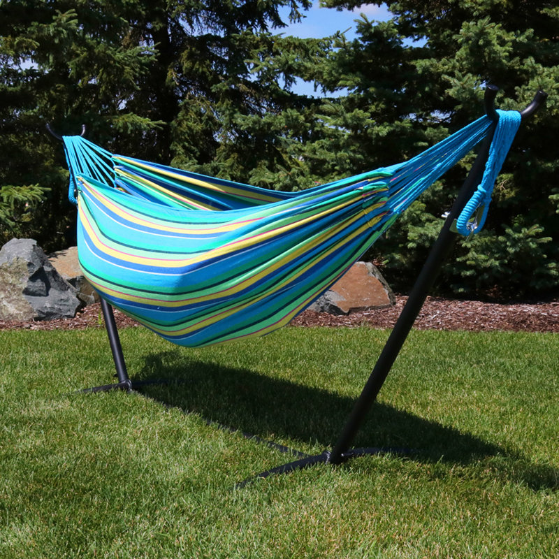 Hamac double brésilien en coton tissé à la main 2 personnes avec support Mira, Bleu