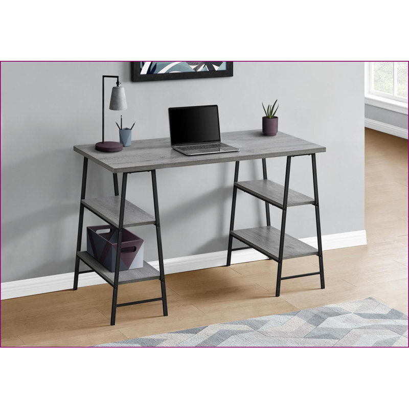 Bureaux, bureau d'ordinateur industriel L 47,25 po avec tablettes de rangement, stratifié gris et métal noir | gris | métal