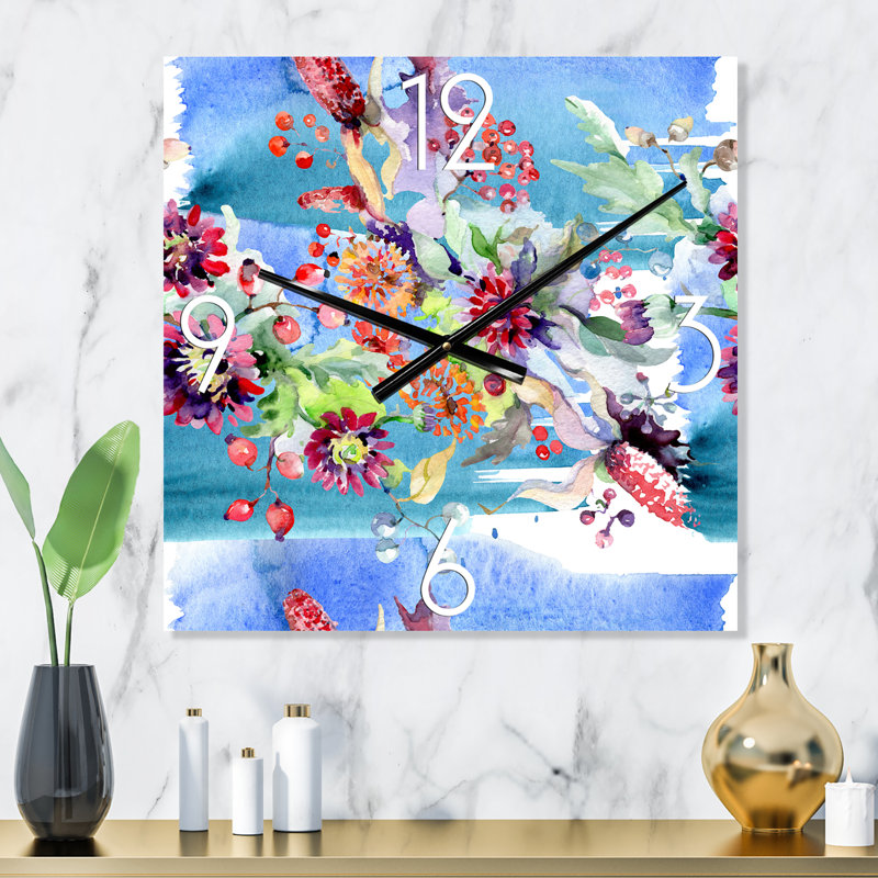 Horloge murale moderne Vibrant Wild Spring Leaves and Wildflowers, Moyen