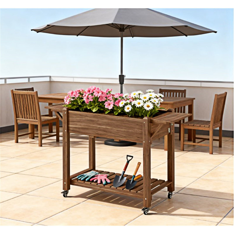 Boîte à fleurs surélevée en bois surélevée avec roues verrouillables, Brun