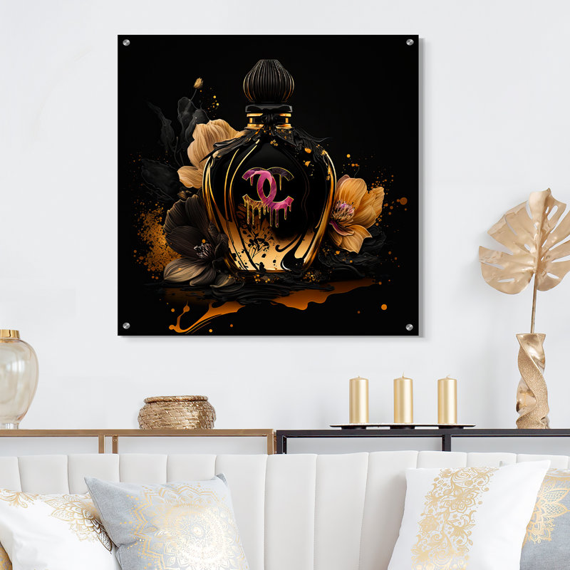 Bouteille de parfum chic en noir et or II, H 16 po x l 16 po