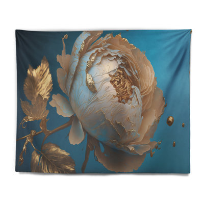 Ice Blue And Gold Peony I Polyester Tapestry